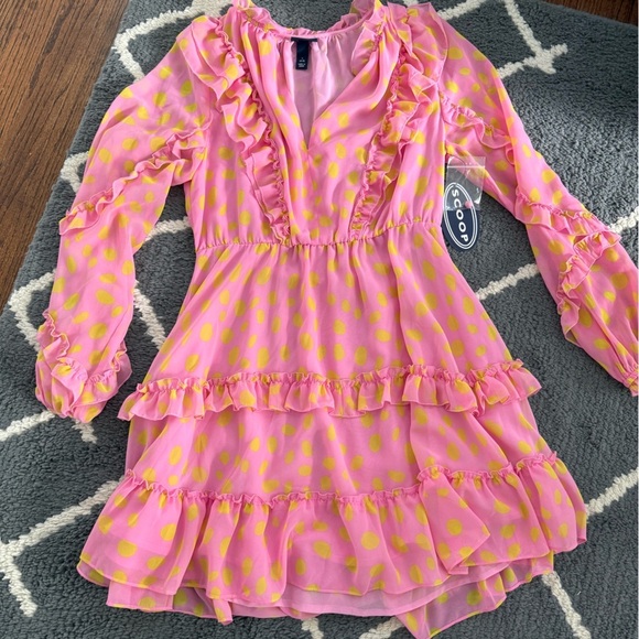 Scoop NYC Pink and Yellow Polka Dot Ruffled Dress NWT - Picture 2 of 10